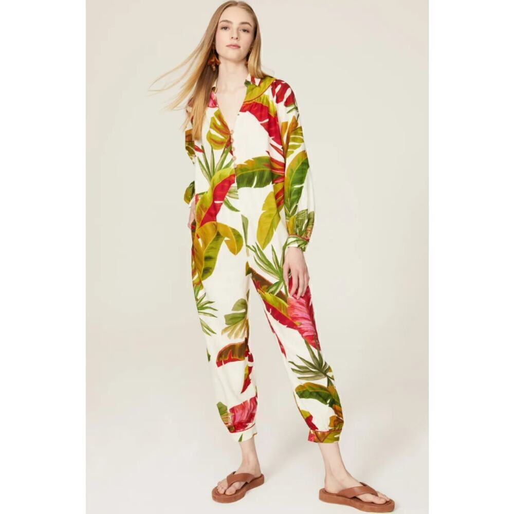 B39 Farm Rio Spring Forest Jumpsuit Womens XS Boho Tropical Vacation‎ Resort